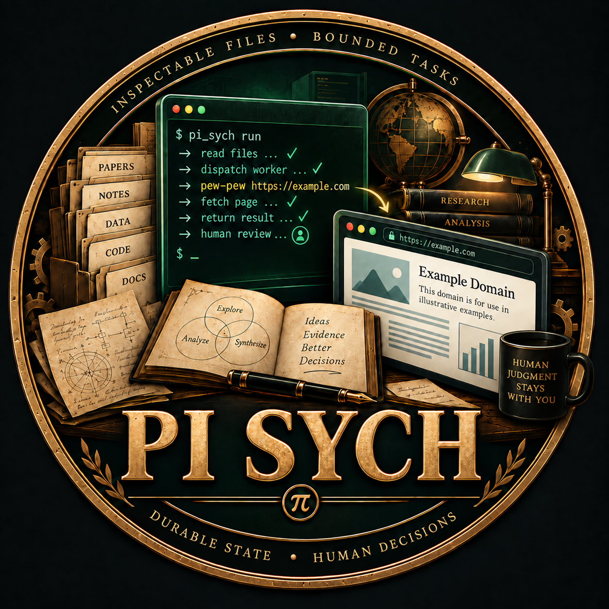 Pi Sych logo: inspectable files, bounded tasks, durable state, and human decisions