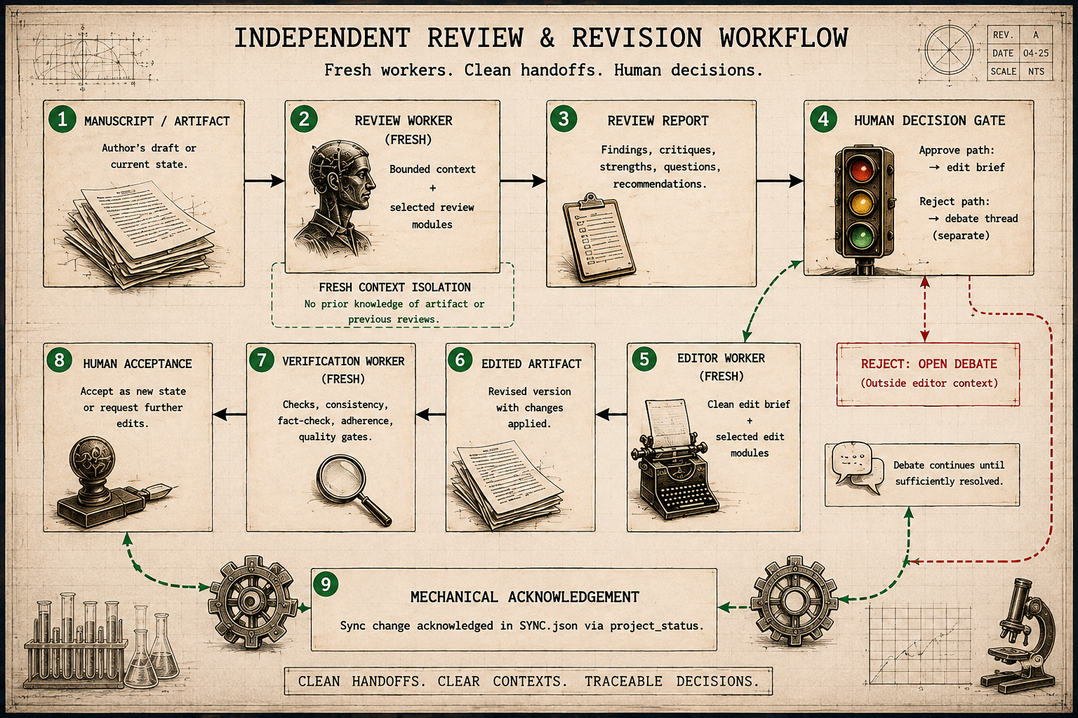 Detailed review and edit workflow: independent review, human decision, clean-context editing, fresh verification, and acknowledgement